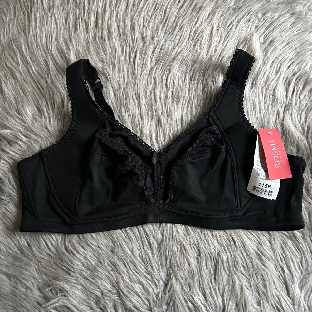 Rosme Unlined Wireless Bra Womens Size 50B Black Floral Lace Semi Sheer Wirefree